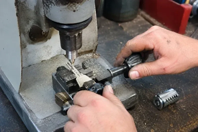 Hands operating a bench-mounted machine with a key clamped beneath a vertical cutter and a loose lock cylinder nearby. — Car Key Replacement, Vaughan