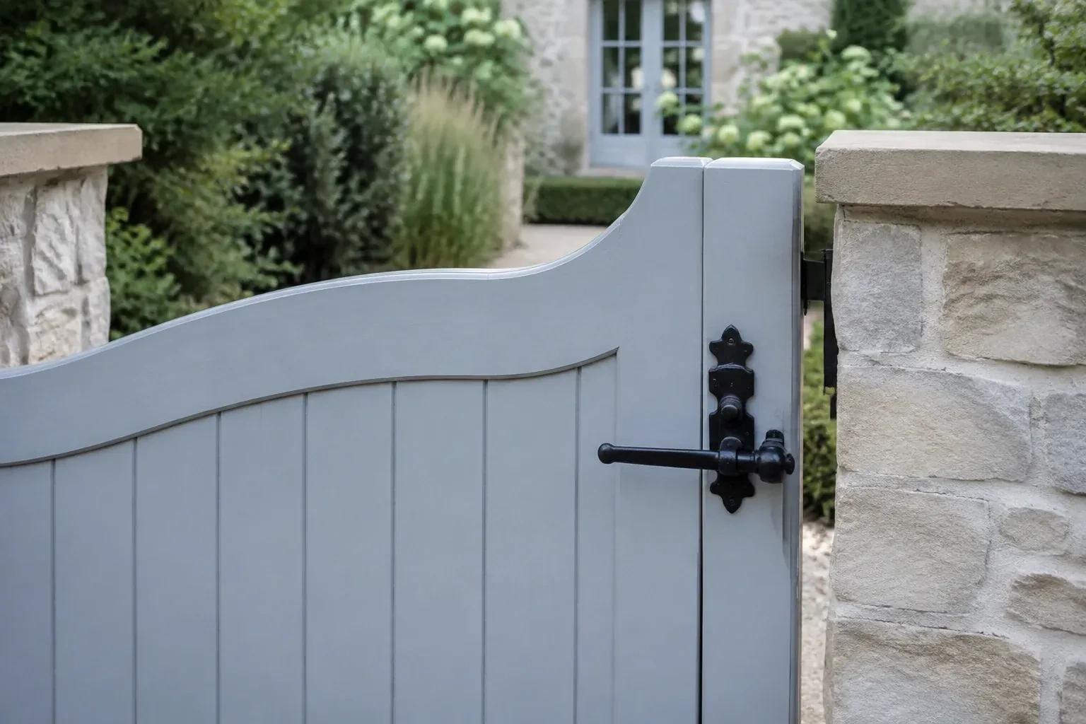 Pale blue garden gate with a black lever latch between light stone pillars. — Gate & Building Entry Locks, Vaughan