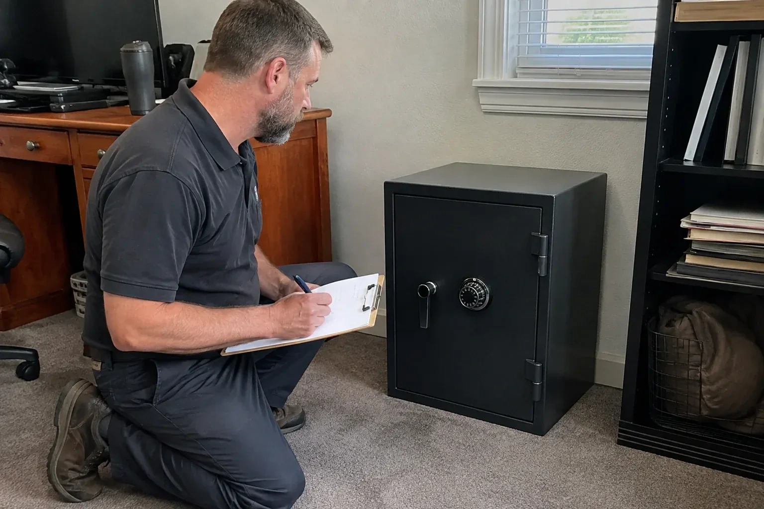 Person writing on a clipboard while kneeling beside a closed black safe with a numbered combination dial in a home office. — Safe Opening & Combination Change, Vaughan