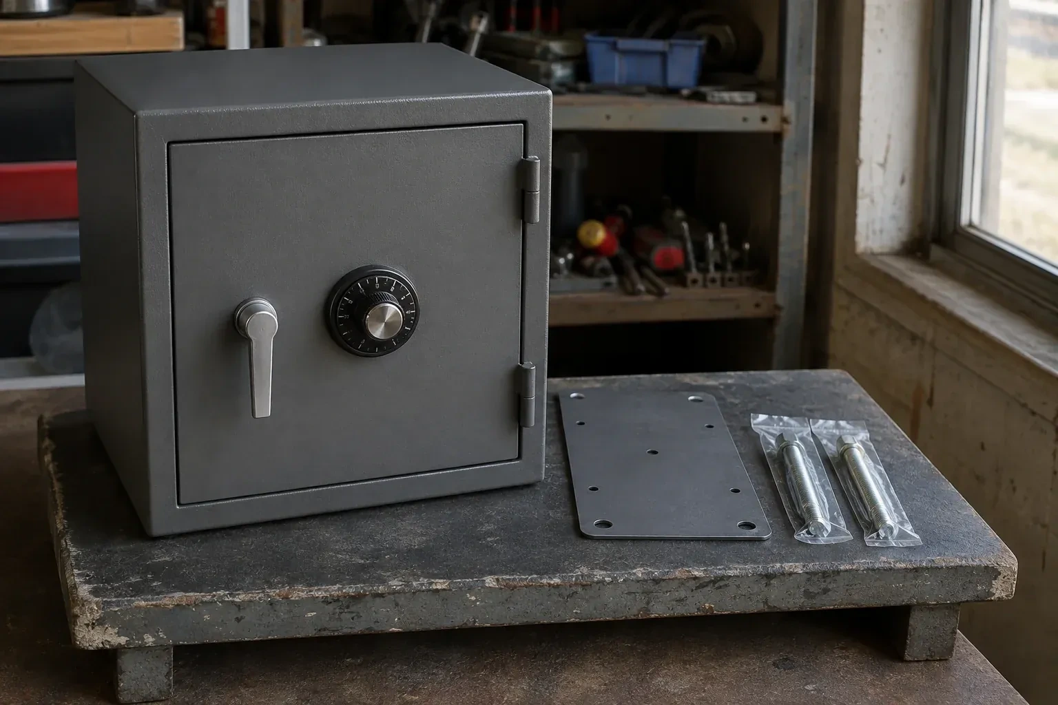 Closed small safe beside a metal plate and packaged fasteners on a workshop bench. — Safe Installation & Servicing, Vaughan