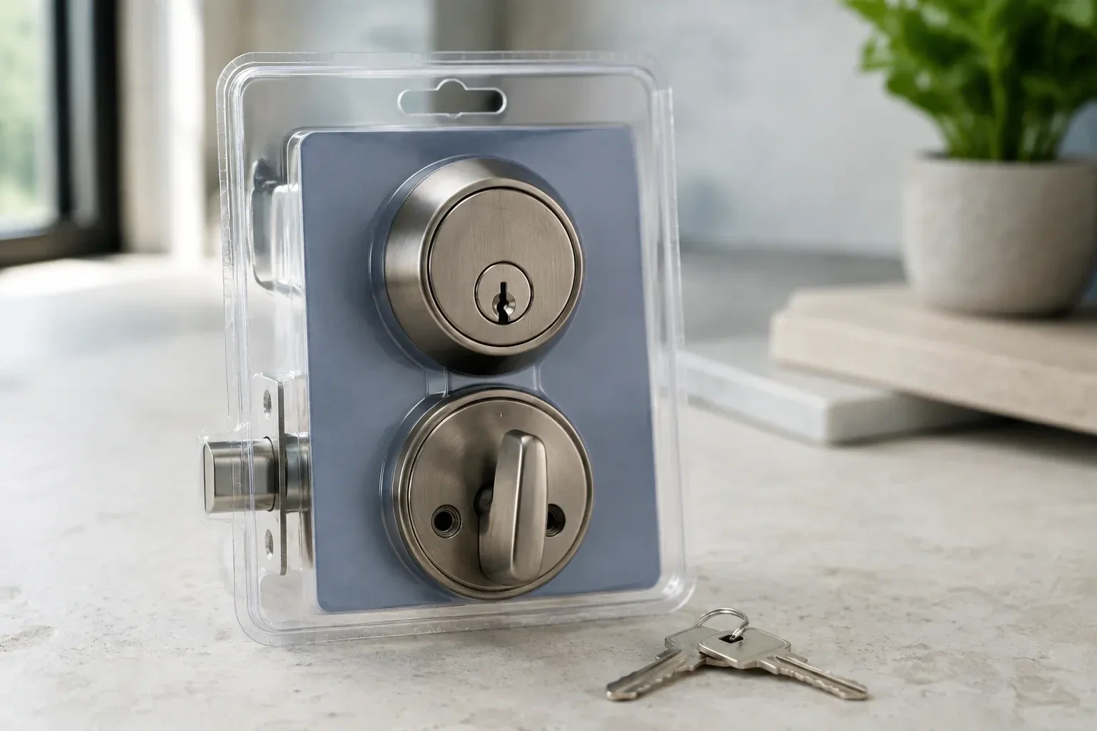 A silver-colored deadbolt set in clear packaging with two keys resting on the countertop in front. — Lock Rekeying, Vaughan