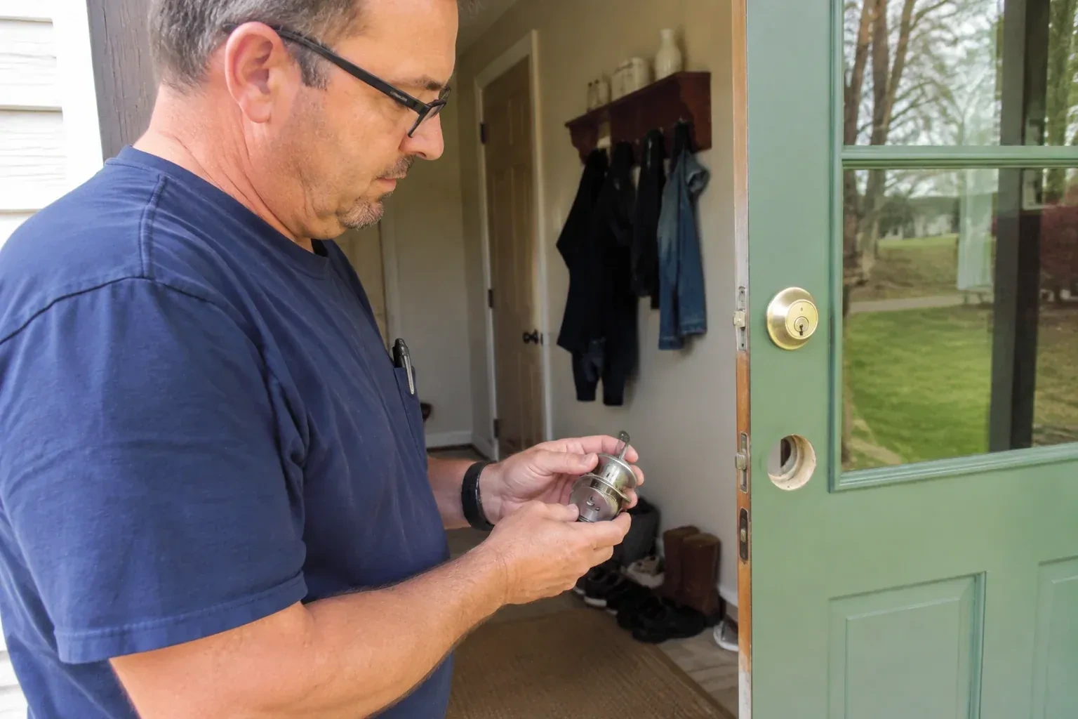 Person holding a cylindrical door-lock assembly beside an open green glazed door with its lower lock opening exposed. — Seized & Jammed Lock Opening, Vaughan