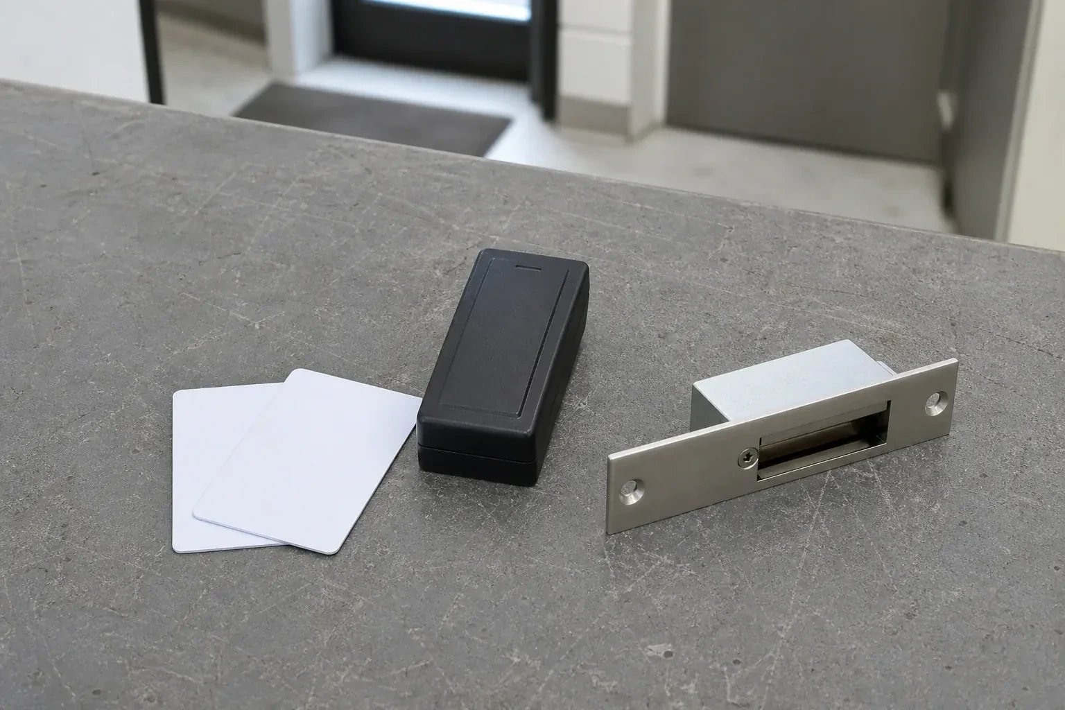 Detached card reader, two plain cards and an electric-strike component on a service bench. — Access Control Installation, Vaughan