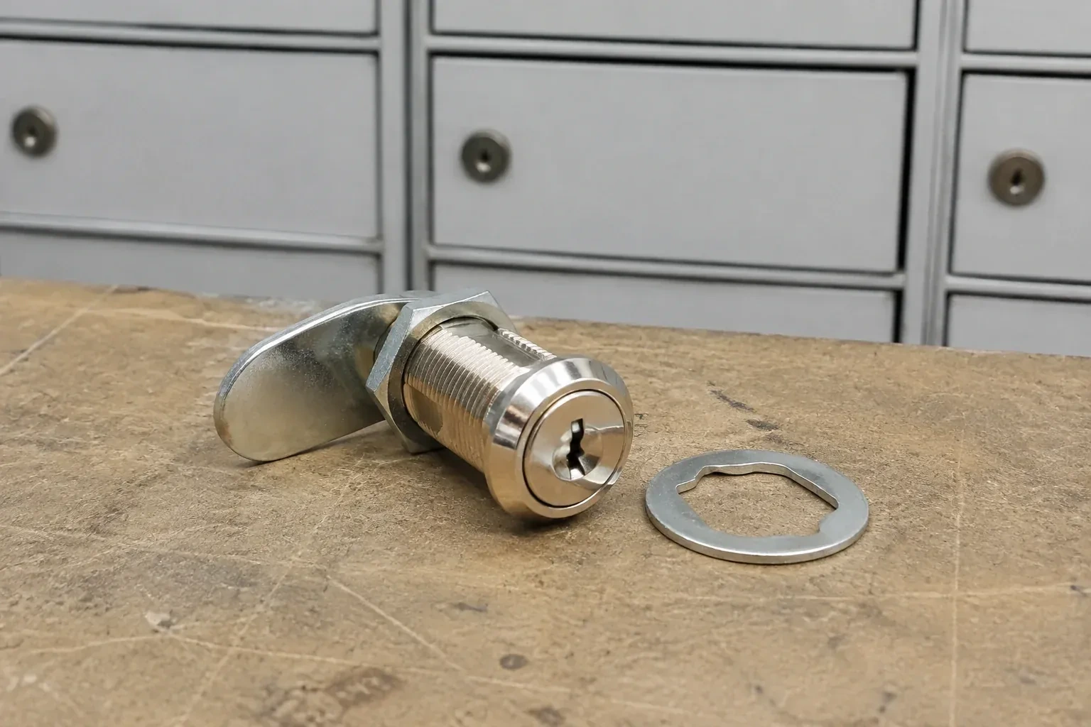 Detached threaded cam lock and mounting washer on a workbench in front of closed mail compartments. — Mailbox Lock Replacement, Vaughan