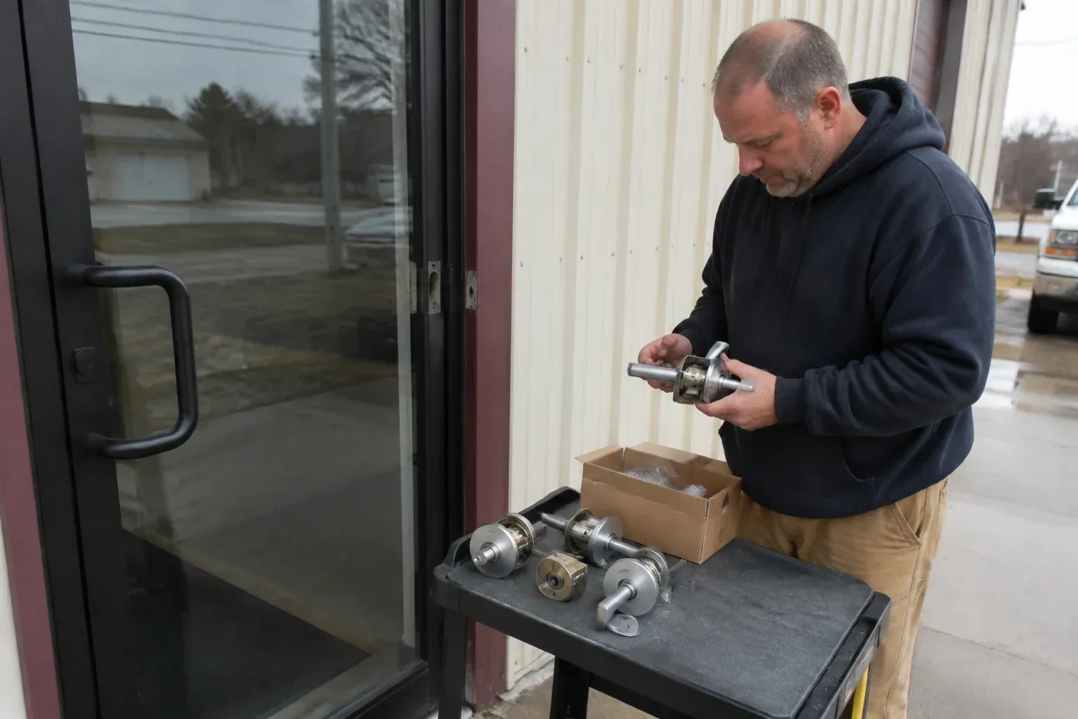 Person holding a door-handle assembly beside a glazed entrance, with more handle and lock components on a cart. — Commercial-Grade Lock Replacement, Vaughan