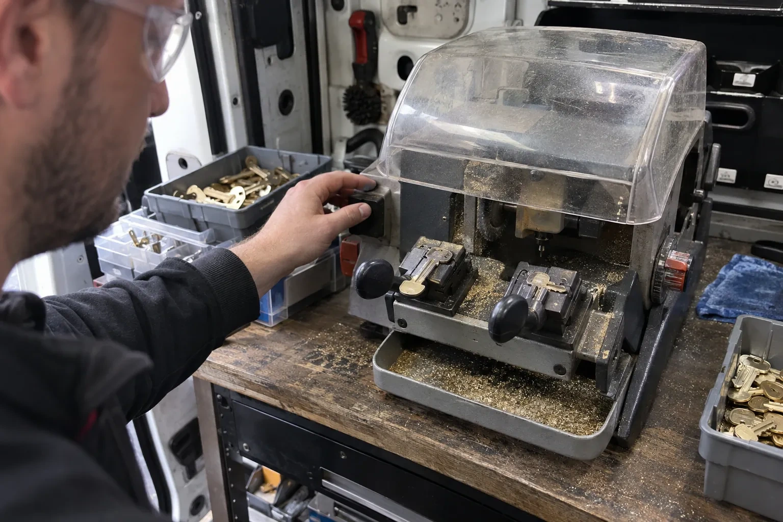 Person in safety glasses reaching for a key-cutting machine with a clear cover, beside trays of brass key blanks. — Spare Car Key Duplication, Vaughan