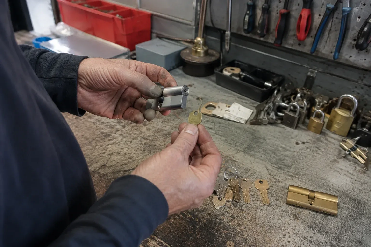 Hands holding a silver-colored lock cylinder and a brass-colored key above a workbench with padlocks, keys and tools. — Master Key System Design, Vaughan