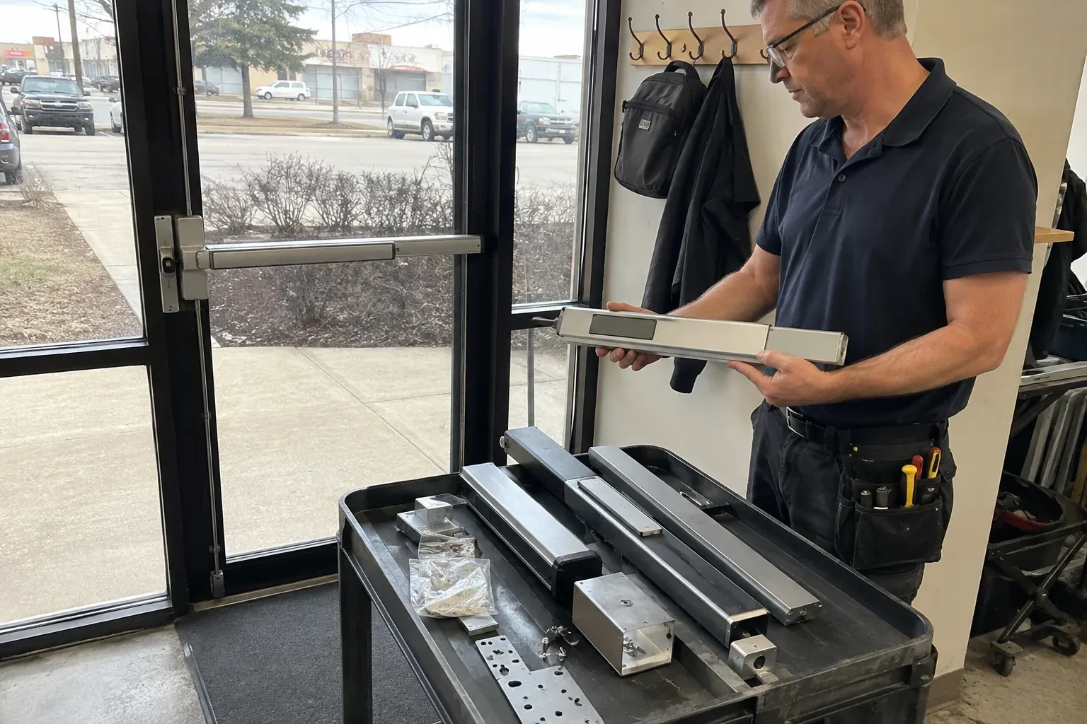 Person holding a long metal door-hardware assembly beside a cart of similar parts and a glass door fitted with a push bar. — Panic & Exit Hardware, Vaughan