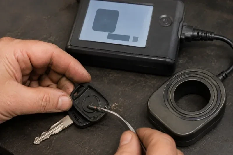 Hands using tweezers at an opened car-key head beside a small electronic unit and a ring-shaped accessory. — Transponder Key Programming, Vaughan