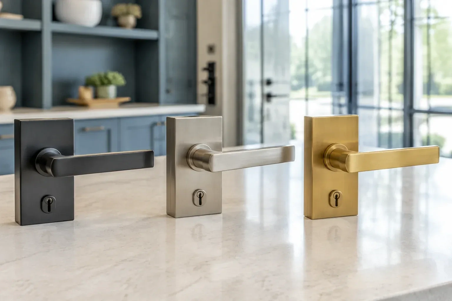 Three rectangular door-handle sets with keyholes in black, silver-colored and gold-colored finishes standing on a countertop. — Commercial Rekeying, Vaughan