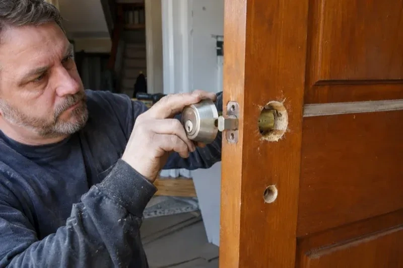 Person holding a silver-colored lock beside an open wooden door with exposed circular holes and a latch at its edge. — Deadbolt Installation, Vaughan