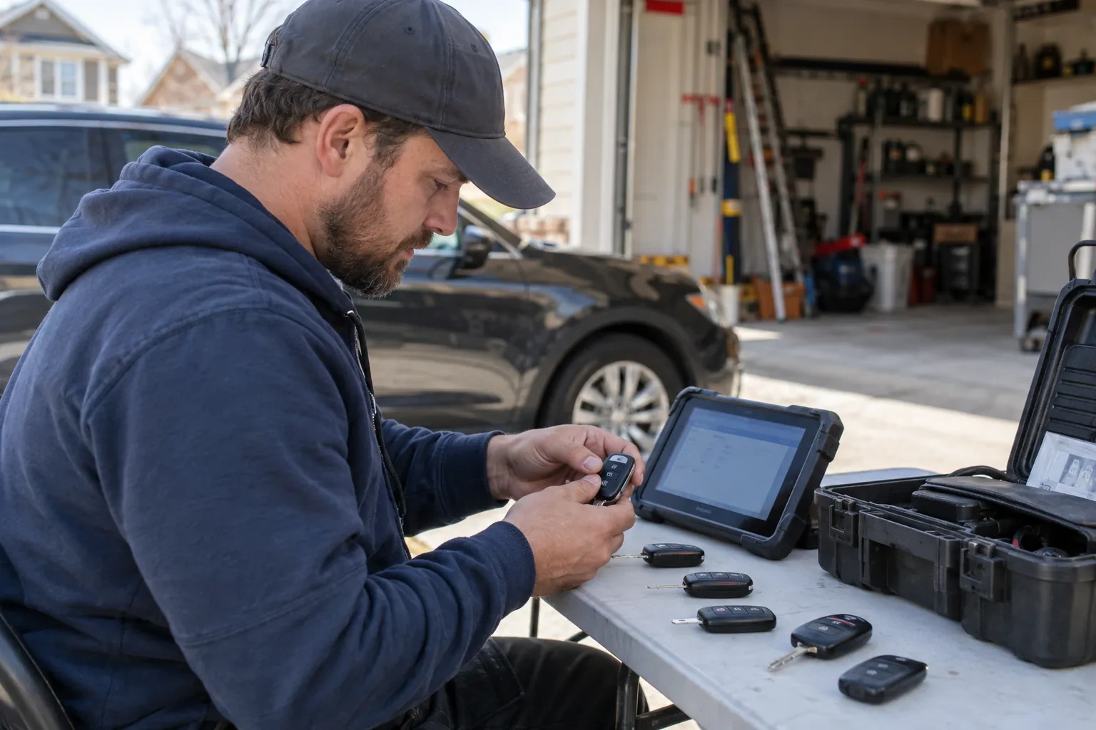 Technician holding a key fob at a folding table with a tablet, loose fobs and a hard case beside a dark SUV. — Woodbridge