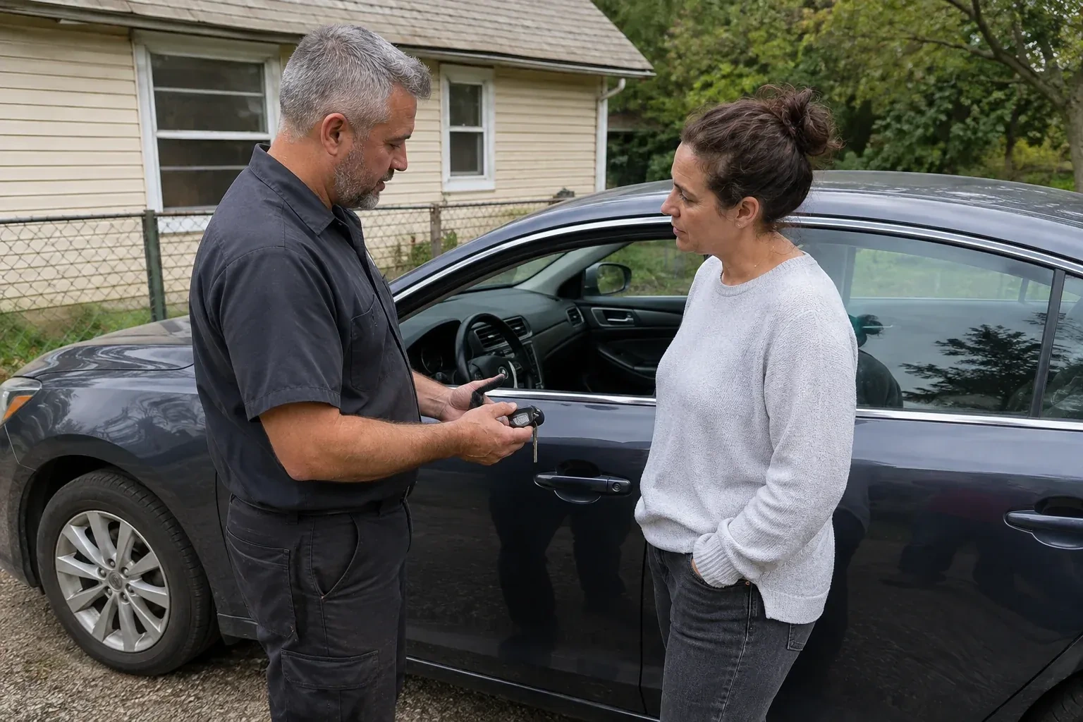 Two people standing beside a car with its window lowered, one holding a key and black key fob. — Ignition Lock Repair, Vaughan