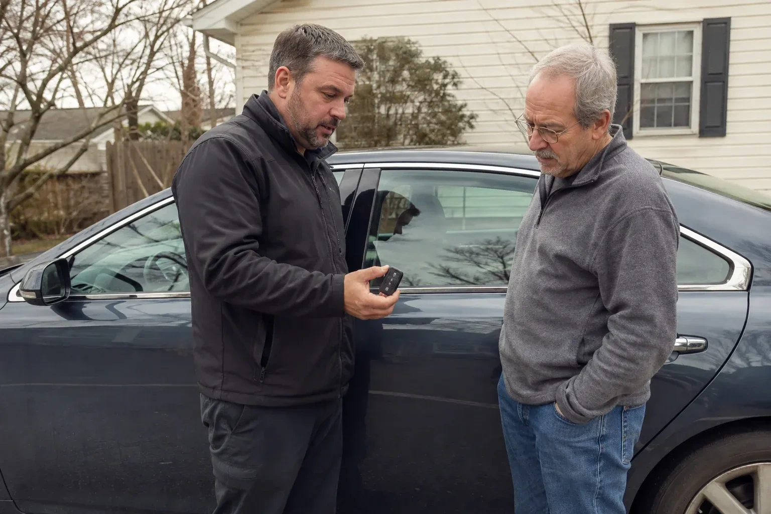 Two people beside a dark sedan, one holding up a black key fob. — Car Lockout Service, Vaughan