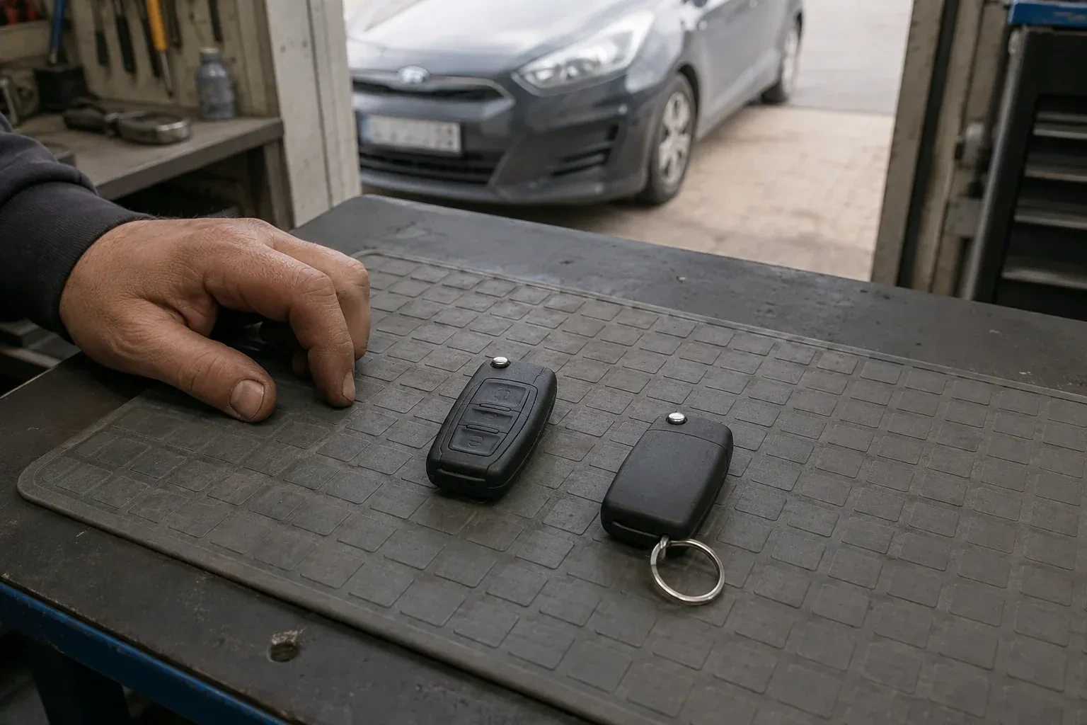 Two vehicle remote fobs on a work mat beside a technician’s hand, with a parked car beyond. — Key Fob Programming, Vaughan