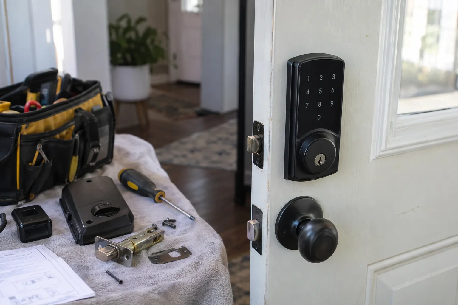 White door with a black keypad deadbolt and knob, beside a towel holding a lock body, latch, screwdriver and a tool bag.